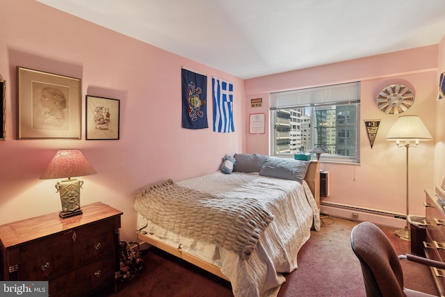 carpeted bedroom featuring a baseboard radiator