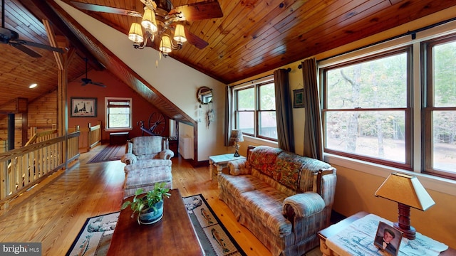 living area featuring wooden ceiling, hardwood / wood-style flooring, a ceiling fan, and vaulted ceiling with beams