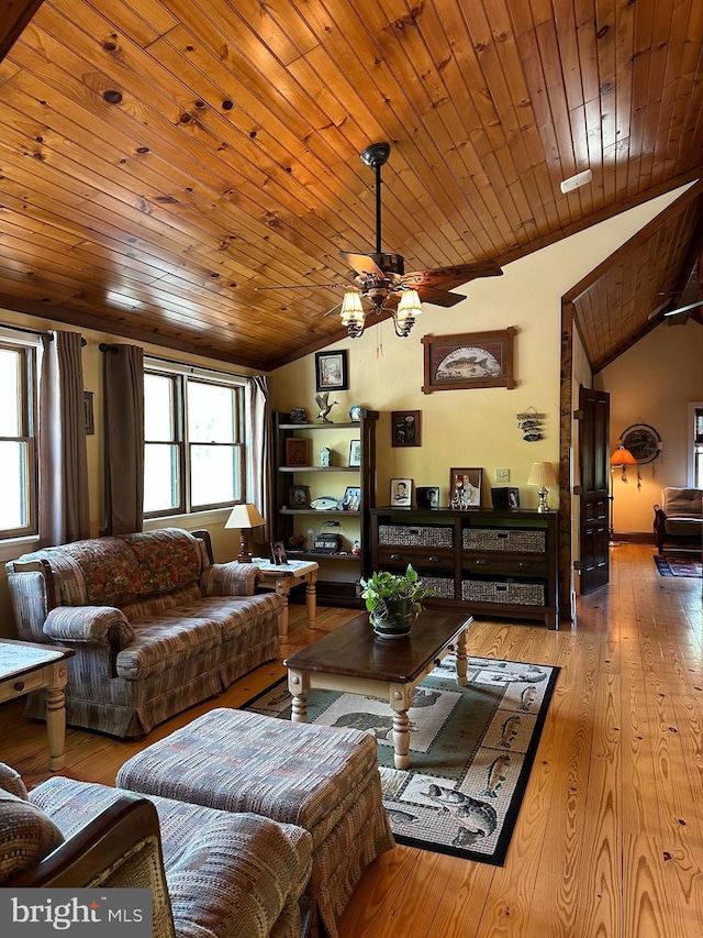 living room featuring wooden ceiling, ceiling fan, lofted ceiling, and wood finished floors