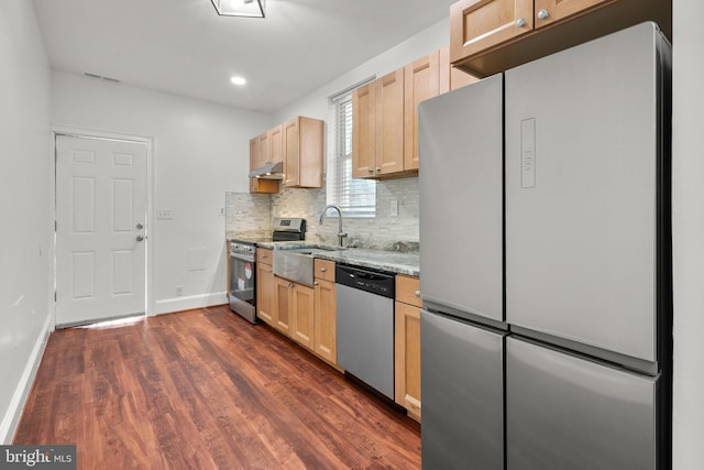 66 O St NW, Washington, DC 20001 - kitchen featuring under cabinet range hood, stainless steel appliances, a sink, and light brown cabinets