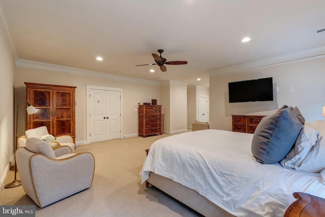 7312 Gordons Rd, Falls Church, VA 22043 - carpeted bedroom with ornamental molding, recessed lighting, baseboards, and a ceiling fan