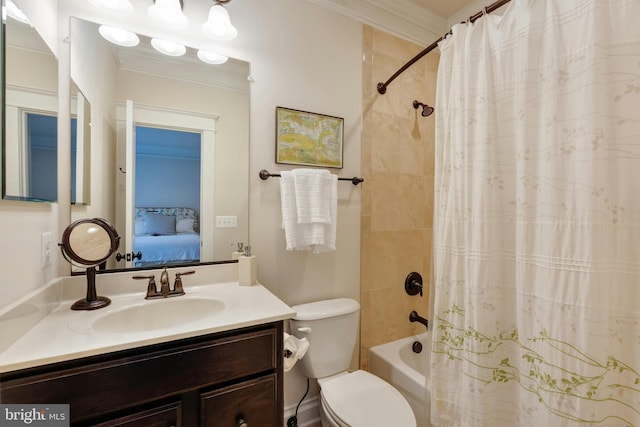 7312 Gordons Rd, Falls Church, VA 22043 - ensuite bathroom featuring vanity, toilet, crown molding, and shower / bath combo with shower curtain