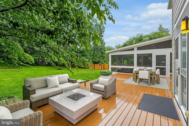 7312 Gordons Rd, Falls Church, VA 22043 - deck featuring an outdoor living space with a fire pit, a sunroom, and outdoor dining space