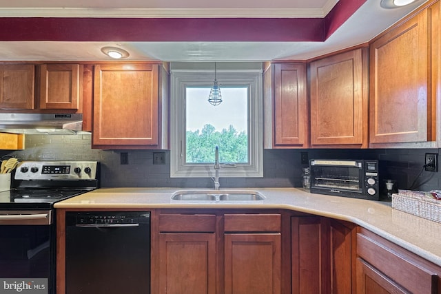 kitchen with stainless steel range with electric cooktop, a sink, dishwasher, a toaster, and under cabinet range hood