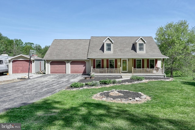 cape cod-style house with a porch, aphalt driveway, roof with shingles, a front lawn, and an attached garage