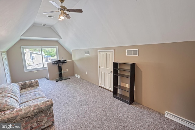 carpeted living room featuring ceiling fan, lofted ceiling, and visible vents