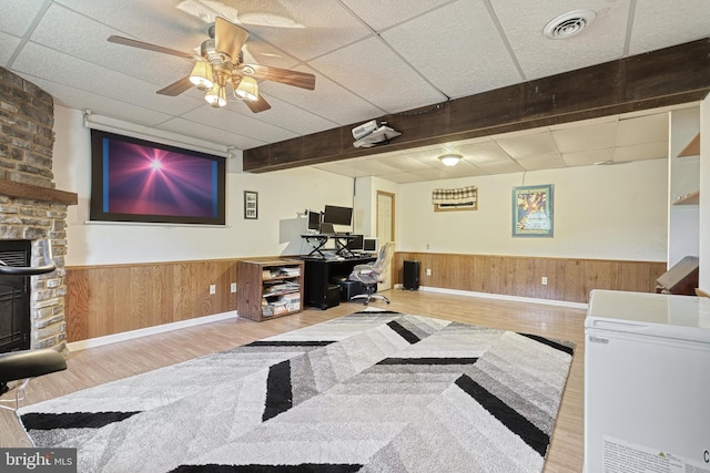 home office with wooden walls, wainscoting, a large fireplace, wood finished floors, and visible vents