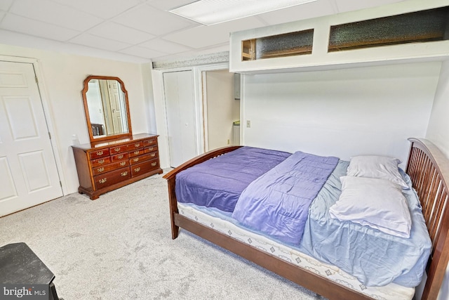bedroom with carpet flooring and a drop ceiling