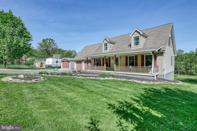 cape cod house with a porch, a garage, roof with shingles, and a front lawn