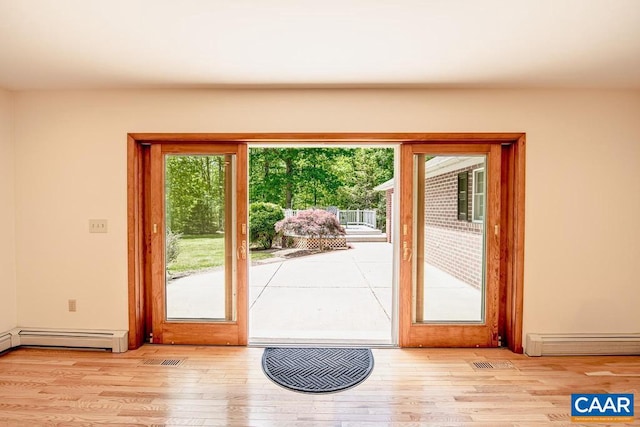 doorway to outside with visible vents, wood finished floors, and a baseboard radiator