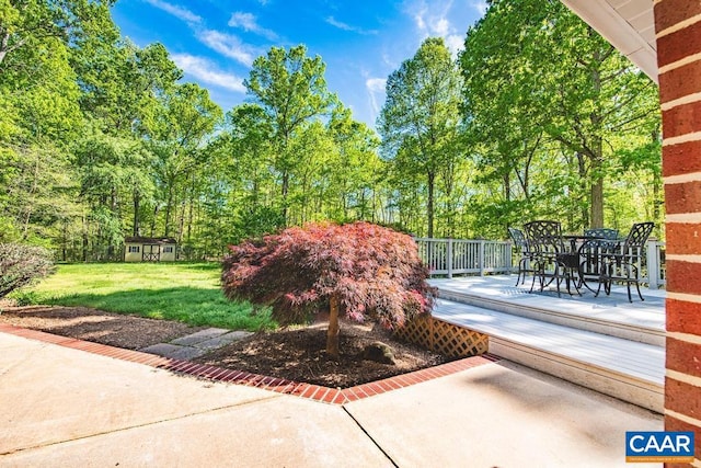 view of patio / terrace with an outbuilding, outdoor dining area, and a storage shed