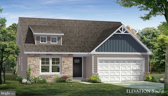 view of front of house with a garage, a front lawn, board and batten siding, and stone siding