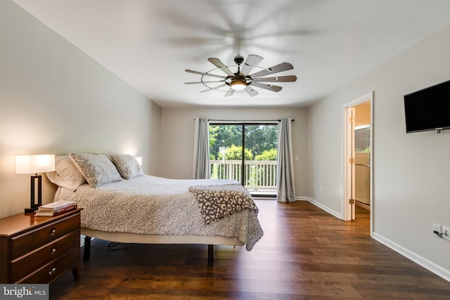 bedroom featuring access to outside, baseboards, dark wood finished floors, and ceiling fan