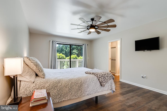 bedroom featuring access to outside, baseboards, dark wood finished floors, and ceiling fan
