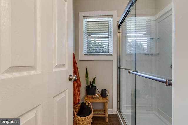 full bathroom with wood finished floors and a stall shower