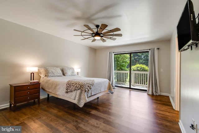 bedroom featuring ceiling fan, visible vents, baseboards, access to outside, and dark wood-type flooring