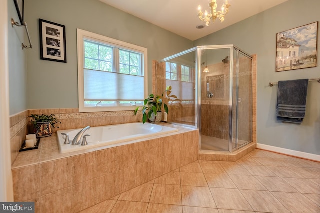 712 Pearson Point Pl, Annapolis, MD 21401 - bathroom featuring tile patterned flooring, a garden tub, a chandelier, and a stall shower