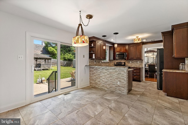 4 Honeysuckle Dr, Robbinsville, NJ 08691 - kitchen featuring stainless steel appliances, baseboards, a peninsula, decorative backsplash, and open shelves