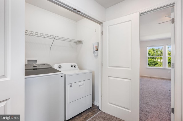 7241 Martin Farm Cir, Baltimore, MD 21237 - laundry area with washer and clothes dryer, dark colored carpet, and baseboards