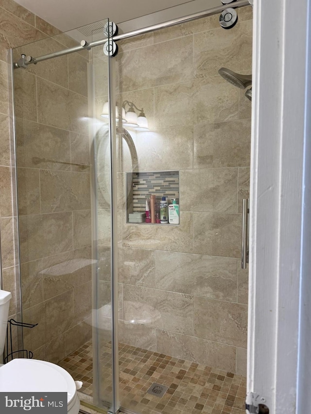 full bathroom with toilet and a stall shower