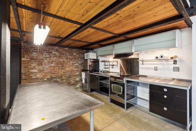 bar featuring concrete floors, a sink, appliances with stainless steel finishes, brick wall, and wooden ceiling