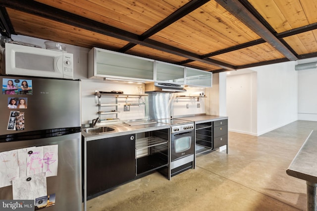 kitchen with concrete flooring, open shelves, wooden ceiling, ventilation hood, and appliances with stainless steel finishes