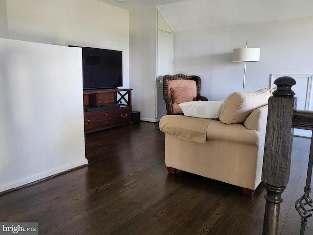 living area featuring baseboards and dark wood-type flooring