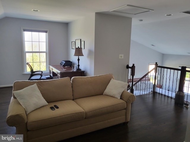 living room featuring visible vents, vaulted ceiling, recessed lighting, and dark wood-type flooring