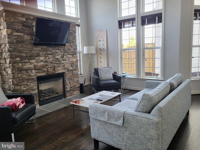 living area featuring baseboards, plenty of natural light, a fireplace, and wood finished floors