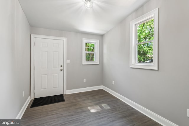 entryway featuring baseboards and dark wood-style flooring