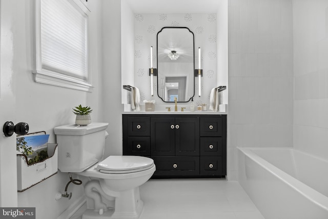 full bath with toilet, vanity, and tile patterned floors