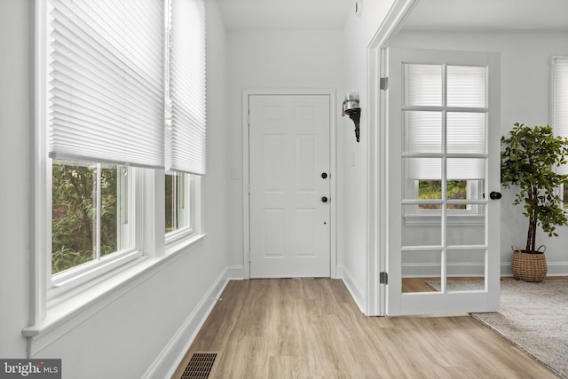 doorway featuring healthy amount of natural light, light wood finished floors, and baseboards