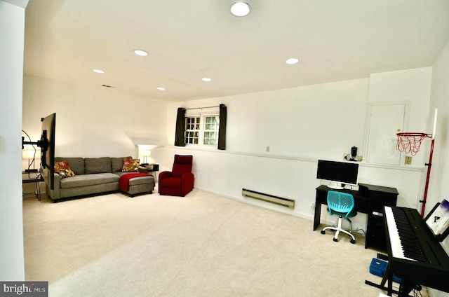 carpeted home office featuring baseboard heating and recessed lighting
