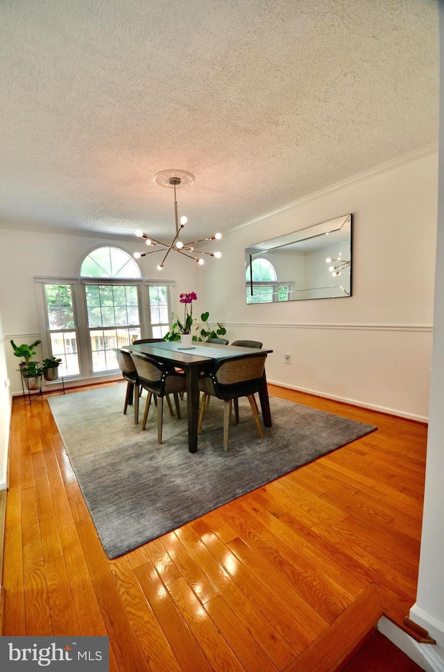 dining room with a textured ceiling, a notable chandelier, and wood finished floors