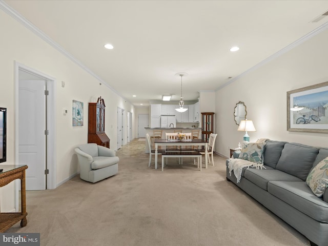 30413 Cedar Neck Rd Unit 304, Ocean View, DE 19970 - living room featuring crown molding, light colored carpet, recessed lighting, and baseboards