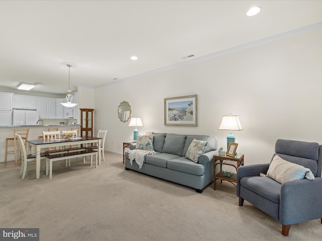 30413 Cedar Neck Rd Unit 304, Ocean View, DE 19970 - living room featuring ornamental molding, light carpet, recessed lighting, and baseboards