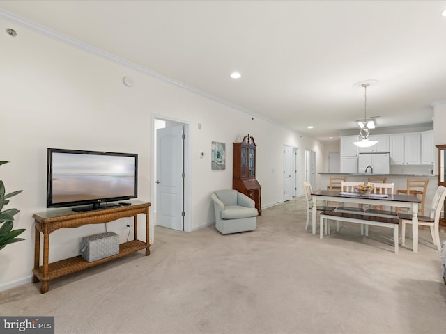30413 Cedar Neck Rd Unit 304, Ocean View, DE 19970 - living area featuring crown molding, light carpet, recessed lighting, and baseboards