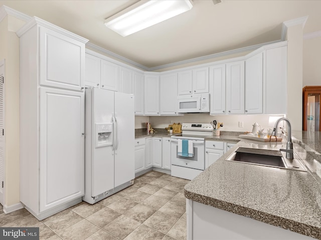 30413 Cedar Neck Rd Unit 304, Ocean View, DE 19970 - kitchen featuring white appliances, a sink, ornamental molding, and white cabinetry