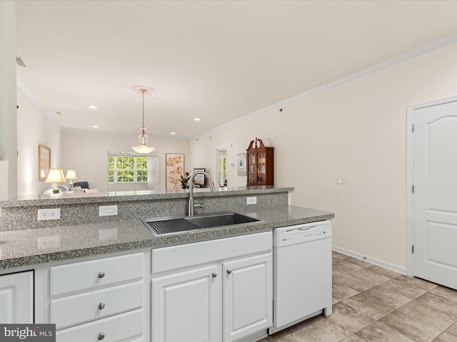 30413 Cedar Neck Rd Unit 304, Ocean View, DE 19970 - kitchen with dishwasher, a sink, crown molding, white cabinetry, and pendant lighting