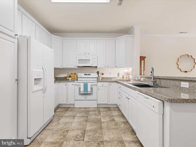30413 Cedar Neck Rd Unit 304, Ocean View, DE 19970 - kitchen with white appliances, a sink, ornamental molding, white cabinetry, and a peninsula