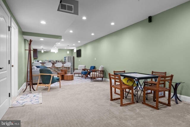 323 Palton Rd, Bensalem, PA 19020 - rec room featuring light carpet, recessed lighting, baseboards, and bar