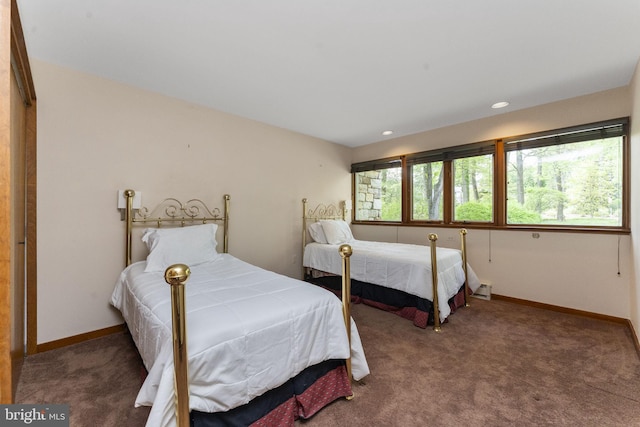 carpeted bedroom with baseboards and recessed lighting