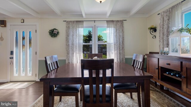 dining room featuring beam ceiling and wood finished floors