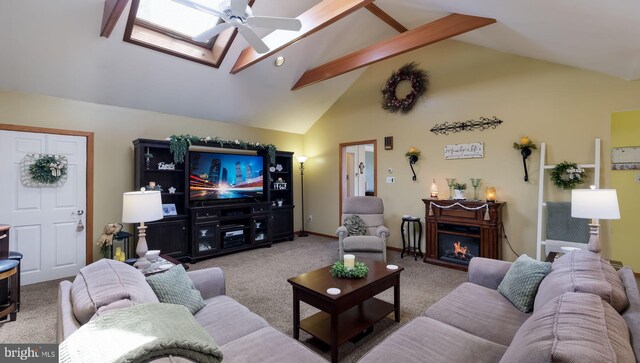 carpeted living area featuring beam ceiling, a ceiling fan, a skylight, a lit fireplace, and high vaulted ceiling