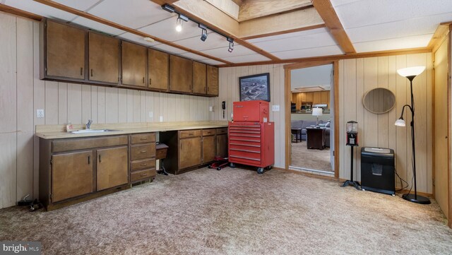 kitchen with light carpet, a sink, light countertops, wooden walls, and brown cabinets