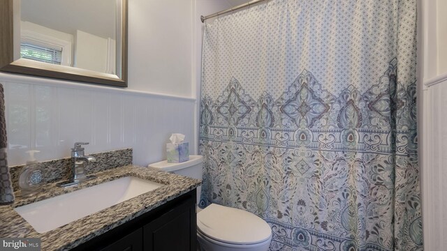 full bathroom featuring toilet, wainscoting, vanity, and curtained shower