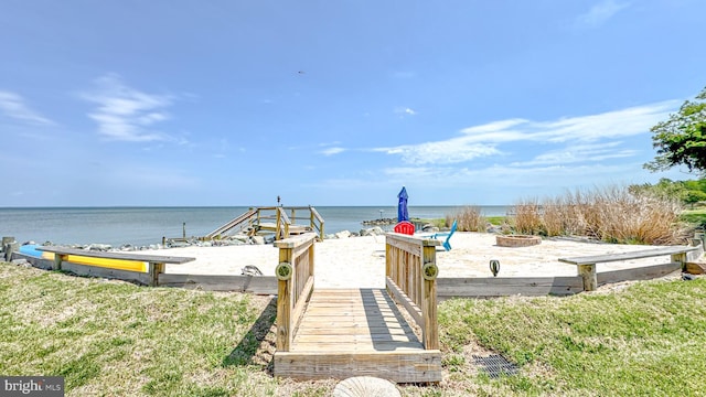 exterior space with a water view