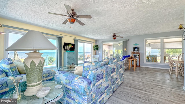 living area featuring baseboards, ceiling fan, a textured ceiling, and wood finished floors