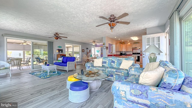 living area with a textured ceiling, ceiling fan, and wood finished floors