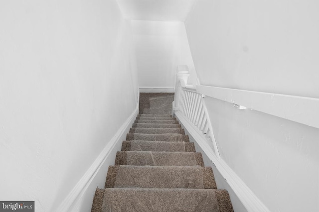 staircase with baseboards and carpet